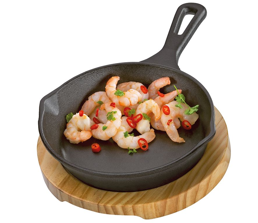 0305101016 BBQ Mini kulatá kvalitní grilovací servírovací pánev s prkénkem 26x18x6 cm vhodné do gastro provozů (2)